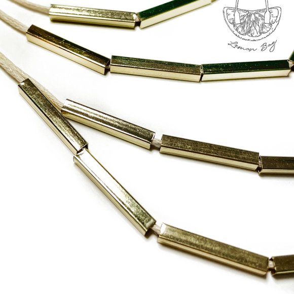 Gold Color Beads on Beige String Long Necklace - Picture 3 of 4